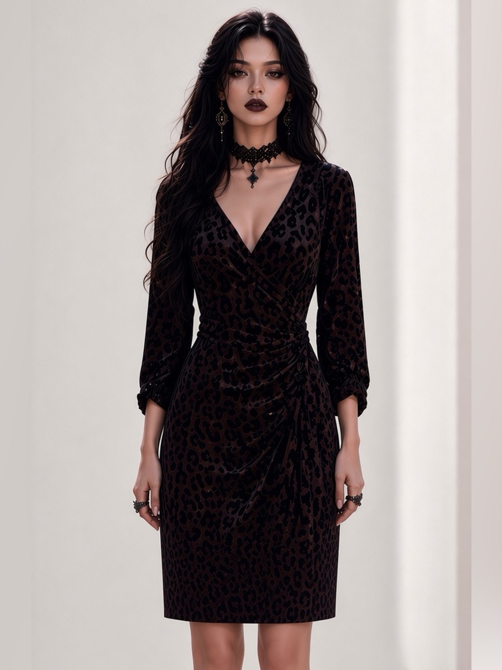 NWD Velvet Leopard Dress S Black Wrap Ruched Whimsigoth Witchy Dark Academia